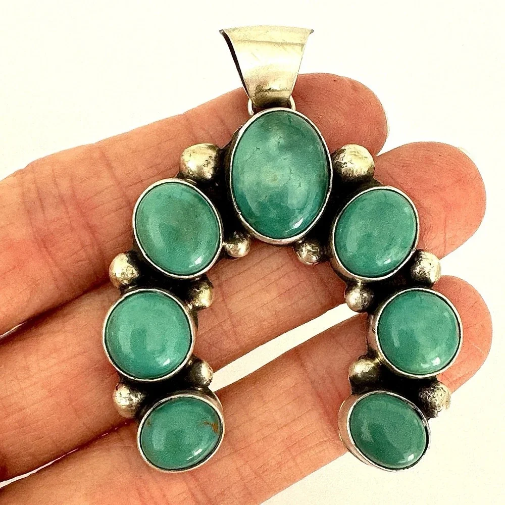 Turquoise Naja Navajo Pendant 2.25in Signed Largo Sterling Matte Squash Blossom